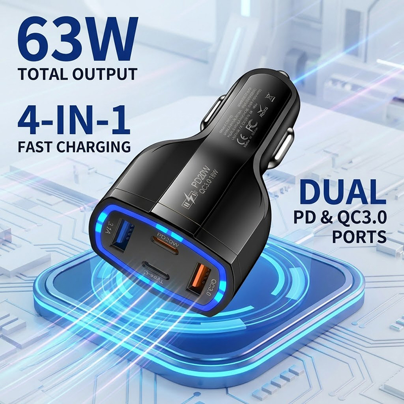Type C Multiport Adapter - Çoklu Girişli 63W Araç Şarj Cihazı,